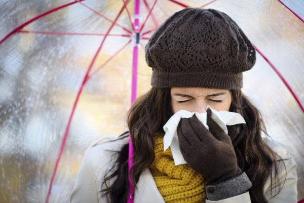 Девушка под зонтом с носовым платком, насморк без простуды - на холодовую аллергию.