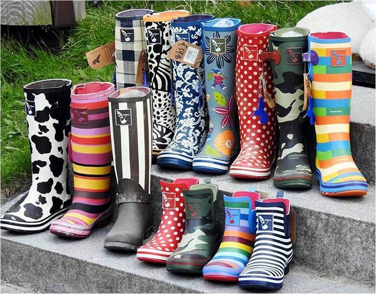 Резиновые сапожки стоят в два ряда.