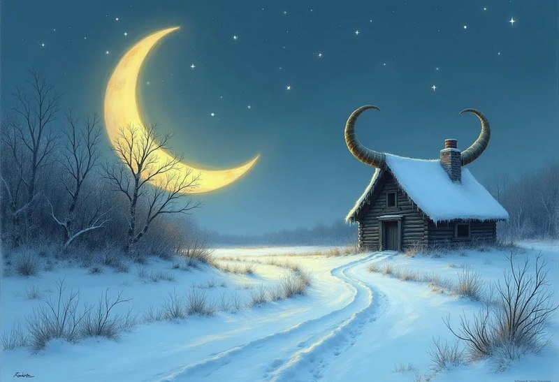 Страшный заколдованный дом зимой.