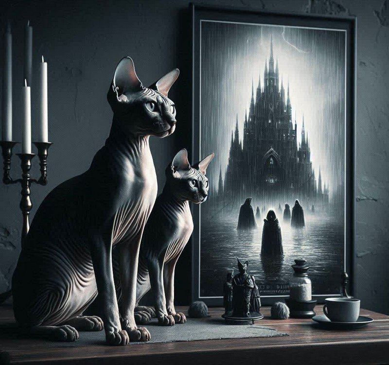 Две кошки-сфинкса на фоне готического замка, заколдованный дом.