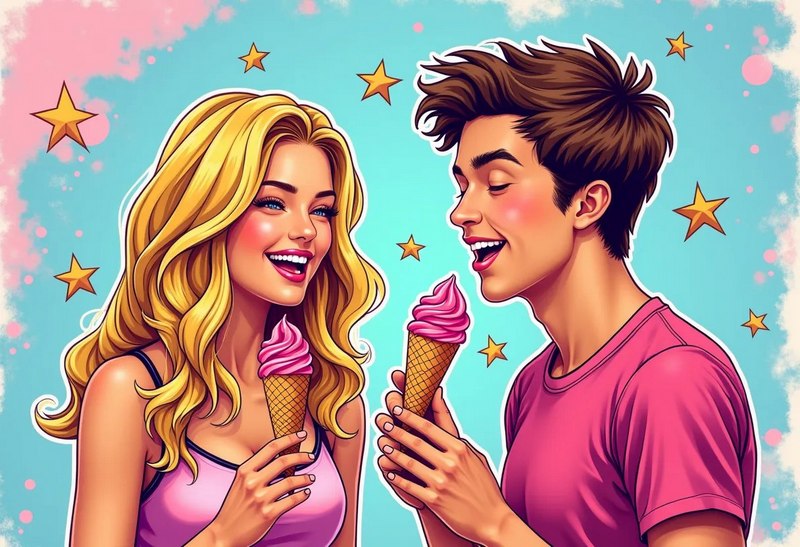Девушка и пареь едят мороженое и смеются.