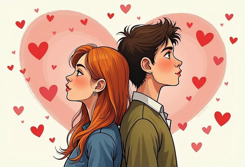 Парень и девушка на фоне большого сердца, у них зашкаливают гормоны любви.